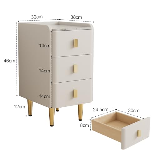 AQIMUELE Table de Chevet étroite, Table d’appoint avec 3 tiroirs, Commode de Chevet à Surface élégante en Cuir, Table de Nuit pour Chambre à Coucher et Salon (Blanc - Largeur 30 cm)