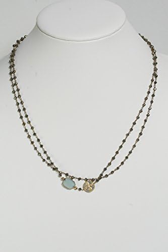Long Necklace with Blue Quartz Bezel, Cross Charm and Pyrite Beads