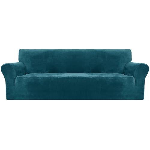 XINEAGE Samt Sofaüberzug 4 Sitzer, Stretch Sofa überzug für Wohnzimmer, Dicke Weiche Sofaüberwurf, Rutschfester Sofa Cover für Hunde, Haustiere (4 Sitzer, Dunkelgrün)