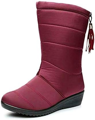 DETAWIN Women Snow Boots Winter Waterproof Mid Heel Warm Wedge Shoes Slip-On Round Toe Mid-Calf Boots