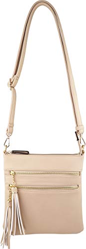 Vegan Mini Multi-Zipper Crossbody Handbag Purse with Tassel Accents with RFID Protection (Beige RF)