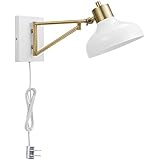Globe Electric Berkeley 1-Light Plug-In or Hardwire Swing Arm Wall Sconce, White, Brass Accents, White Cloth Cord 51344
