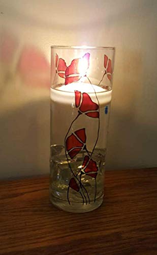 Red Poppy Flower Hand Painted Stained Glass Cylinder Vase, Candle Holder, Floral Decor
