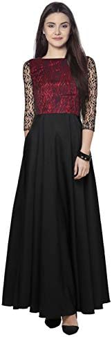 Women's Stitched Crepe Maroon & Black Casual Gown For Girl