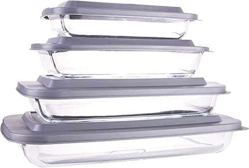 Luvan 8 Piece Glass Baking Dish Set with Lids, Rectangular Pan Bakeware with BPA Free Covers for Lasagna, Leftovers, Cooking, Kitchen, Fridge-to-Oven Safe