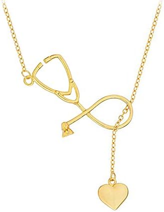 Stethoscope Lariat Necklace Heart Pendant Heartbeat Choker Medical Women Collarbone Chain Necklace Charms Jewelry Golden Plated