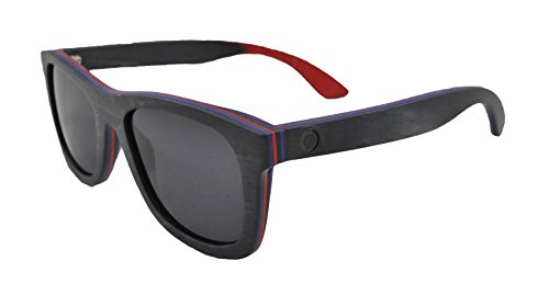 Skateboard Wooden Sunglasses for Men or Women, Wood Sun Glasses in Black with Blue and Red Layers and Black Polarized Lenses, Trendy Wood Frame Sunglasses, Wayfarer Sunglasses Unisex