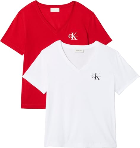 Damen 2er Pack T-Shirts Kurzarm Logo Tee mit V-Ausschnitt, Mehrfarbig (Adrenaline Rush/Brilliant White), L