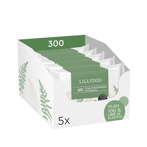 LILLYDOO Green Toallitas húmedas naturales, 5 paquetes de 60, 300 toallitas, 100% tejido sin plásticos y sin fragancias, FSC Mix