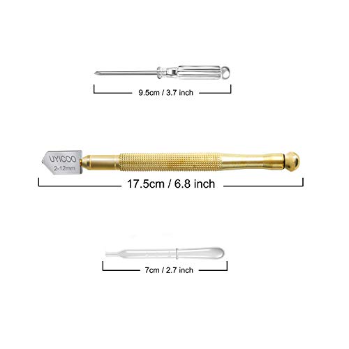 UYICOO Glass Cutter Tool Set for Mosaic/Tiles/Mirror/Stained Glass Cutting,2 Pieces 2mm -12mm Pencil Style Oil Feed Carbide Tip with 2 Blades and Screwdriver (Black Gold)