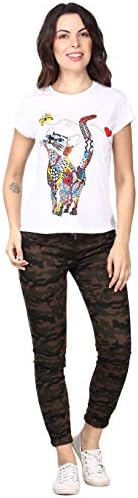 A2 Designs Color White Printed Cat Summer Tee for Women T-Shirts Regular Fit with Size (S,M,L,XL)