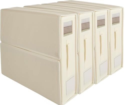 Bed Sheet Storage Box, 4 Pack Linen Organizer Set for Clothes & Duvet, Foldable Closet Bag with Window & Handle, SheetCube Container for Queen & King Size Bedding, السرير شراشف تخزين منظم, (Beige)