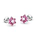 925 Sterling Silver Rhodium Plated Flower Red Cubic Zirconia Screwback Baby Girls Earrings