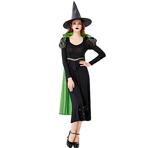 charmsamx Womens Halloween Witch Costume Classic Spellcaster Witch Cosplay Spooky Halloween Clothes Black Casual Dress with Witch Hat and Green Capes for Party Festival