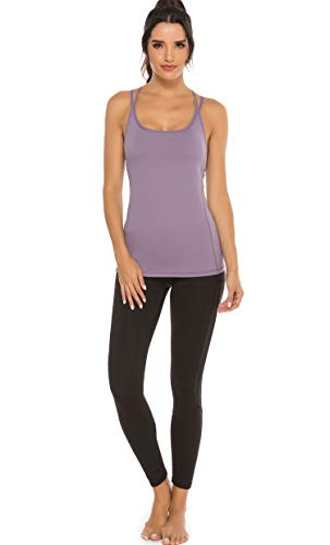 OVESPORT Sports Tank Tops for Women Bulid in Bra Workout Yoga Shirt with Removed Pads Strappy Back Fitness Activewear (BX2281, Purple, S) - Thumbnail 5