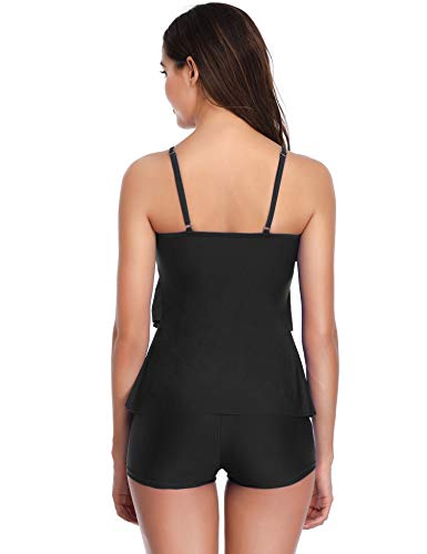 LALAVAVA Women's Two Piece Swimsuit Polka Dot Flounce Printed Tank Top with Boyshorts Bottom Tankini Set (Black, XX-Large)