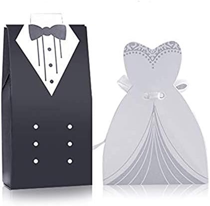 FASHION AMA Candy gift box lovely candy box Bride & Groom Dress Tuxedo Party Favor Wedding Party Favor Boxes cardboard with ribbin White and Black bags