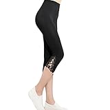 Hengguang Women's 3/4 Lenght Side Lace Cropped Leggings Pants