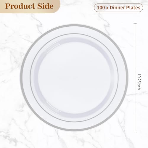BESTVIP 100Pcs Silver Plastic Plates, 10.25 Inch Disposable Party Plates | Heavy Duty Dinner Dish with Rim for Christmas, Thanksgiving, Wedding, Birthday & Special Events