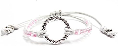 White Leather Pink Seed Bead Silver Plated Infinity Circle Friendship Bracelet