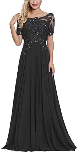 Lace Applique Beaded Mother of The Bride Dresses Long with Sleeves Bateau Neck Maxi Formal Evening Gown