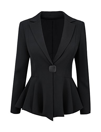 GRAPENT Women's Black Notched Lapel Long Sleeve Button Asymmetric Peplum Blazer Jacket L(US 12-14)