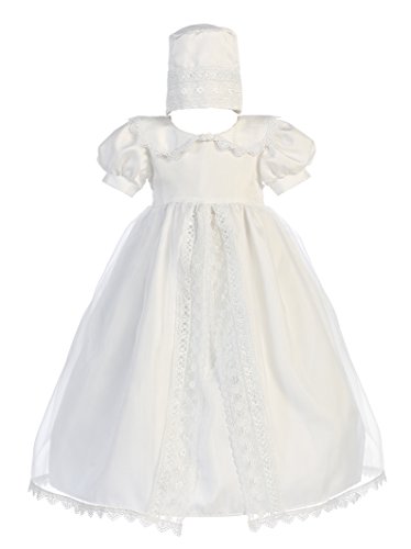 Baby Girl White Shantung w/Organza Gown Christening Baptism Hat XS (0-3 Month)
