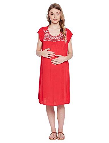 Women's Scoop Neck Viscose Short Sleeve Embroidered Maternity Dress (Red)