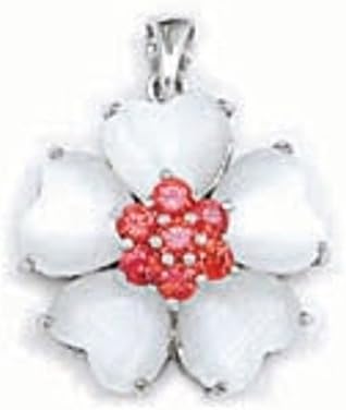 1.0 Inch Simulated Pearl Flower Pendant with Garnet Cubic Zirconia