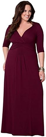 Zestway Women's Solid V-Neck 3/4 Sleeve Plus Size Evening Party Maxi Dress (XL, Burgundy)