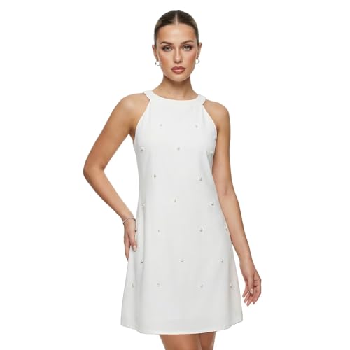 Beimuc S White Mixed Pearl Women Summer Sleeveless Halter Neck Dresses 2026 Casual Floral Print Sun Dress for Party Beach Vacation at Amazon