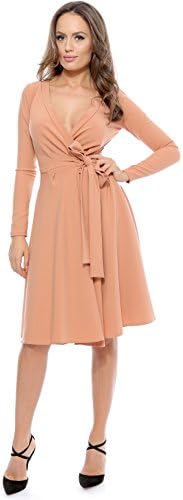 Pink Surplice Neck Long Sleeve Bow-tied Wrap Dress (36, pink)