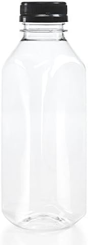 (25) 16 oz. Clear Food Grade Plastic Juice Bottles, Square with Black Caps (25/Pack)