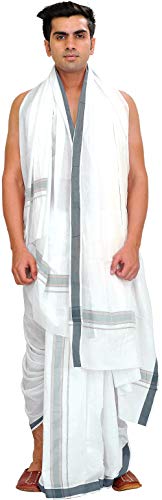 Exotic India White Dhoti and Angavastram Set with Woven Border - Color Dark Slate