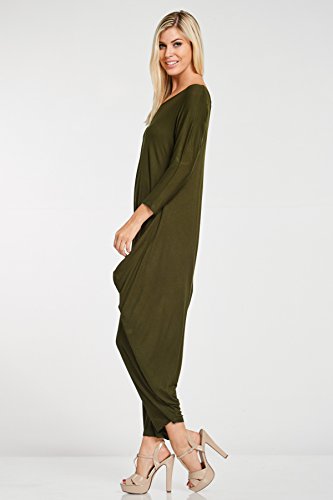 Annabelle Women's Long Sleeve Comfy Harem Jumpsuit Romper With Pockets Olive Small 8002 - Thumbnail 2
