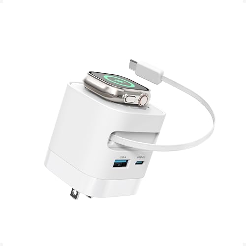CHARCO 4 en 1 Cargador para Apple Watch, 35W Cargador USB C con Cable Retráctil Integrado Incluye 2 Puertos USB, Cargador Inalámbrica Compatible con iPhone/AirPods/Relojes Smartwatch, Blanco
