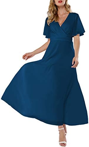 Azalosie Women Wrap Maxi Dress Short Sleeve V-Neck Flowy Bridesmaid Dress Wedding Cocktail Formal Party Prom Gown Long Dress