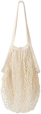 Yeefant Durable Reusable Fruit String Grocery Shopper Cotton Tote Mesh Woven Long Portable and Convenient Shopping Net Shoulder Bag,Washable,Wear Resisting,White