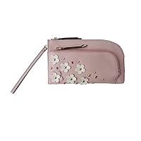 Sharif 1827 3D Flowers Studs Leather Double Zip Wristlet Organizer Wallet Pink