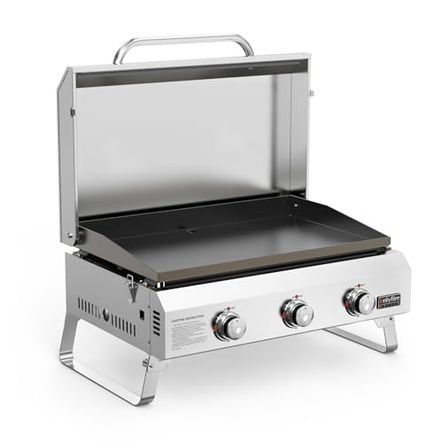 onlyfire Plancha à Gaz de Table en Inox, Barbecue Gaz avec Couvercle et 3 Brûleurs 7kW, Plancha 57x36cm avec Revêtement en Céramique Antiadhésif, Pieds Pliables pour Terrasse, Balcon et Camping