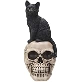 Pacific Giftware Black Cat on Skull Figurine, 9.57-Inch Height, Multicolor