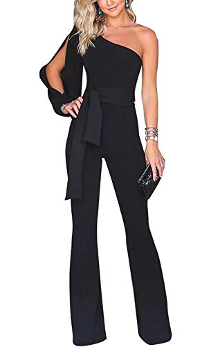 VLUNT Women's Elegant One Shoulder Jumpsuit Slit Long Sleeve High Waisted Wide Leg Long Pants Romper with Belt - Thumbnail 5