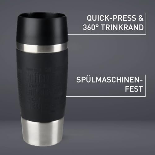 Emsa Travel Mug Classic Thermobecher, 360 ml, Isolierbecher hält 4h heiß, 8h kalt, 100 Prozent dicht, auslaufsicher, Quick-Press-Verschluss, 360 Grad-Trinköffnung, Kaffeebecher to go, Schwarz, 513361 thumbnail 3