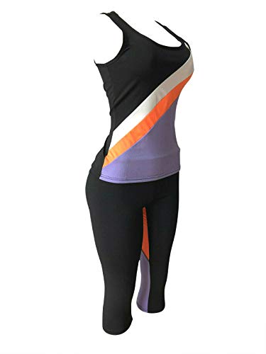 Women's Apparel Sports Gym Yoga Workout Activewear 2 Pieces Top+Leggings Set (S/M = US Size 4-8, Purple/Orange Black Mix)