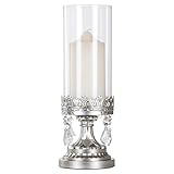 Amalfi Decor Antique Silver Metal Candle Holder with Glass Hurricane Vase, Crystal Draped Pillar Stand Accent Display