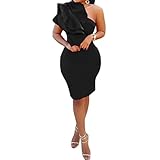 Bodycon4U Women's One Shoulder Ruffle Sleeve Ruched Bodycon Party Club Dress Black 2XL