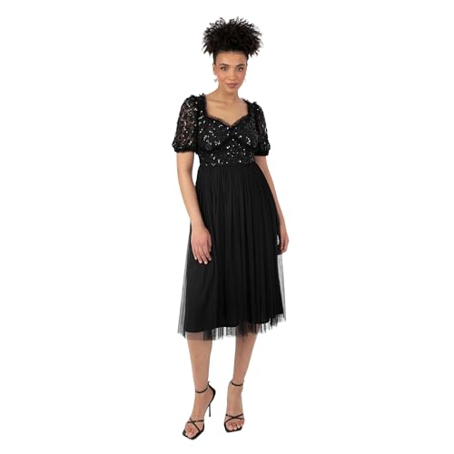 Maya Deluxe Women's Ladies Midi Dress Short Puff Sleeves Sweetheart Neckline 3D Floral Embellished Ruffle Tulle A-Line Occasion Vestito, Nero, 34 Donna