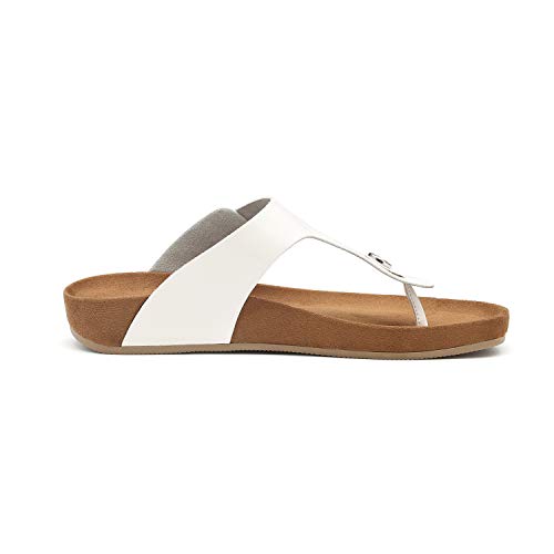 Women's T-Strap Thong Sandals Buckle Slip On Flip-Flops Beach Casual Platform Footbed Slippers (5, White)