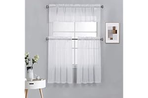 Diamond Home Linens 3 Piece Linen Semi Sheer Kitchen Window Curtain Tiers and Valance Set 36" Long, White.