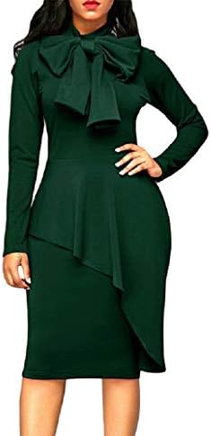 Oudan Winter Style Pure Color Tight-fit Dress Long Sleeves Dress with Bowknot for Women Girls (Color : Green, Size : M)
